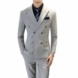 mens Suits 3 Pieces Double Breasted Solid Prom Tuxedos Wedding Blazer+Vest+Pants male High quality Busin slim social dr y99v#