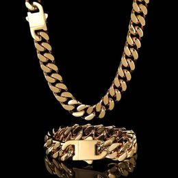 Cuban Link Chain Necklace Bracelet INS Hip Hop High 316L Stainless Steel Four Sides High Polished 18K Gold Plated Jewellery Sets Cho280x