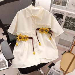 Women's Blouses Japanese Harajuku Style Shirts Irregular White Y2k Short Sleeved Shirt For Summer Artistic Flower Women Tops
