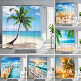 1PC Green Tropical Plants Shower Curtains for Bathroom Polyester Seaworld Curtain Printing Beach 240328