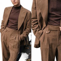 brown Men Suits Tailor-Made 2 Pieces Blazer Pants Single Breasted Wide Lapel Plaid Stripes Busin Wedding Plus Size Tailored z7ds#