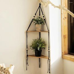 Hooks Wall Hanging Corner Shelf Handmade Cotton Rope 2Tier Round Beads Home Decor Triangle Storage Wood Plate Craft Display Rack