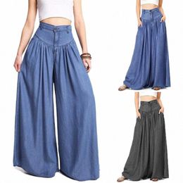 women's Casual Cott Linen Jeans Fi Solid Colour Wide-leg Pants Ladies Loose Plus Size High Waist Lg Trousers r5QT#