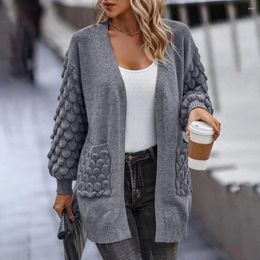 Women's Knits Women Fall Winter Sweater Coat Knitted Cardigan Loose Pockets Long Sleeve Mid Length Solid Colour Applique Elastic Lady Jacket