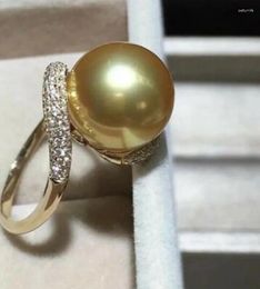Cluster Rings 11-10mm Genuine Natural South Sea Golden Round Pearl Ring Adjustable