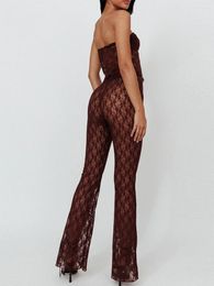 Women's Two Piece Pants Women Y2k Outfits See Through Set Tie Front Strapless Tube Lace Top Straight Leg