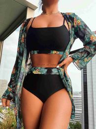 Women's Swimwear 3 Pieces Print High Waist Bikini 2023 Women With Kimono Swimwear Female Swimsuit Beachwear Bathers Bathing Swimming Swim Suit T240328