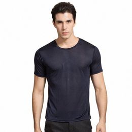 quality 100% Mulberry Silk Knitted Men's Short Sleeve Round Neck T-Shirts Tee Top plus size HY006 Z50P#