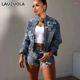 Work Dresses Casual Cross Patch Denim Shorts Suit Outfits 2024 Fashion 2 Piece Women Zipper Cropped Jacket And Short Pants Matching Set
