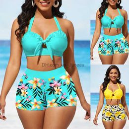 Women's Swimwear Womens Summer High Quality Fashionable and Sexy Bikini Set with Small Floral Print Bow Swimsuit Beach Two-piece Set S-5XL T240328