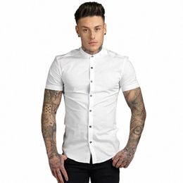 new Summer Men Fi Short Sleeve Solid Shirt Slim Fit Male Social Busin Dr Shirt Brand Mens Gym Fitn Sports Clothing M4lu#