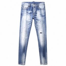 street Fi Men Jeans Retro Light Blue Plain Wed Elastic Slim Fit Ripped Jeans Men Painted Designer Brand Vintage Pants J1aT#