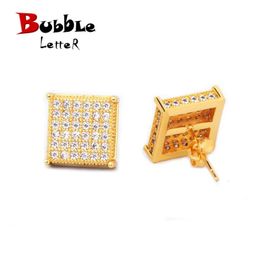 Micro Pave Cubic Zircon Earring Gold Color Hip hop Jewelry Copper Iced AAA CZ Square Stud Earrings Push-back 12x12mm Street Rock 240323