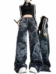 american High Street Fi New Drag Embroidered Jeans Female Y2K New Popular Casual Graffiti Slim Straight Wide-leg Trousers 00fU#