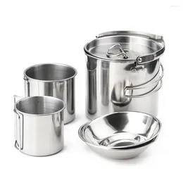 Cookware Sets 5PCS Stainless Steel Kettle Water Cup Bowl 5 Piece Portable Picnic Folding Handle Non-magnetic Multifunctional