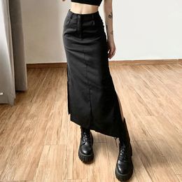 Goth Dark Grunge Casual Tag Split Women Midi Skirts Mall Gothic Punk High Raise Slim Long Skirt Y2k Sexy Fashion Streetwear 240328