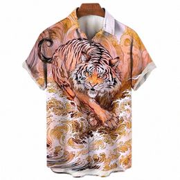 animal 3d Tiger Print Hawaiian Shirt Men Fierce Beast Pattern Short Sleeved Casual Cool Oversized Shirts Street Tops Blouse 02sd#