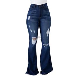 Damenjeans, Damen-Jeans mit hoher Taille, ausgestellte Jeans, modisch, lässig, gebrochene Löcher, Streetwear, bodenlange Hose, weibliche Pendler-Denimhose mit weitem Bein, 24328