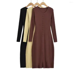 Casual Dresses Women Brown Maillard O Neck Button Long Sleeve Knit Midi Dress