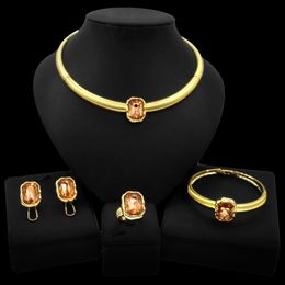24K Alloy Jewelry Set Dubai Gold Style Color Block Necklace Earrings Bracelet Ring of Four for Women 240328