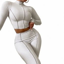 autumn Solid Two Piece Set Women's Outfits Half High Collar Lg Sleeve Crop Top+Skinny Leggings Lady Casual Sporty Suit h3iF#