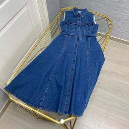 2024 Spring Blue Lapel Neck Sleeveless Denim Women Long Dress with Belt Designer High End Womens Runway Dress Vestidos de Festa 32810