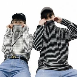men Lg Sleeve T-shirts Striped Turtleneck Stylish Oversize Korean Style Ins Leisure Couples Tshirt Chic Ulzzang Streetwear BF t79F#