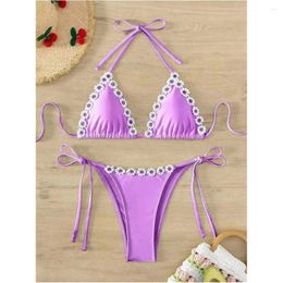 Women's Swimwear Floral Bordered Bikini Thong Lace Up Halter Swimsuit Strappy Trend Women Bikinis Beachwear Bathing Set Traje Bano Mujer