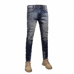 fi Vintage Men Jeans High Quality Retro Wed Blue Elastic Slim Fit Ripped Jeans Men Trousers Vintage Denim Pants Hombre h0xN#