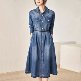 Casual Dresses Vintage Denim For Women 2024 Spring Turn-down Collar Long Sleeve Women's Dress A-line Woman Shirt