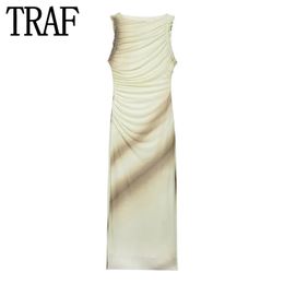 TRAF Print Tulle Long Dress Woman Ruffle Mesh Bodycon Dres Ruched Sleeveless Midi Dresses Elegant Party 2024 240326