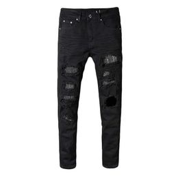 Men's Jeans Sokotoo mens slim fit crystal rhinestone patch torn denim fashion patch black striped denim pants J240328