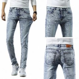 light Blue Snowflake Jeans Men Fi Youth Casual Streetwear Slim Skinny Straight Cott Comfortable Male Denim Pants 65kt#