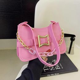 Evening Bags Thick Chain Shoulder Bag For Women Solid Colour Pu Leather Handbag Satchel Fashion Zipper Messenger Female Pink Clutch