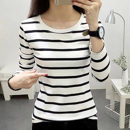 Women's T Shirts Women Striped T-shirt Long Sleeve Graphic Casual Round Neck Print Tees Tops Camisetas De Mujer