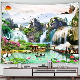 Tapestries Chinese Landscape Wall Tapestry High Mountain Waterfall Green Trees Plants Lotus Cranes Lake Background Hanging H