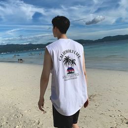 Print Vest Men Summer Casual Beach Tank Top Korea Fashion Sleeveless Shirts Male Loose Undershirt 100% Cotton Tees Hip Hop Tops 240314