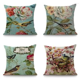 Pillow Throw Pillowcase Retro Cover Bird And Flower Linen Case 45x45cm Decorative For Sofa Home Decor