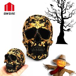 Halloween Party Skull Head Figurines Room Decor Resin Craft Golden Carving Sculptures Ornaments Art Home Decorations Accessories 240325