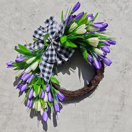 Decorative Flowers Wreath Home Decoration Decor Spring Plaid Bowknot Door With Artificial For Garden Hanging