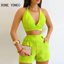 Women Casual Halter Lace Up Deep V Neck Crop Top Shorts Solid Pocket Button Decor Summer Sexy Short Sets 240328