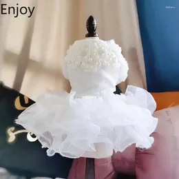 Dog Apparel Pet Party Dress Wedding White Pearl Flower Stringy Selvedge Round Necked Princess Skirt BF1142
