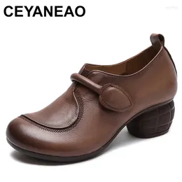 Dress Shoes 5cm Natural Genuine Leather Ethnic Work Chunky Heels Femals Non Slip Soft Sole Spring Autumn Women Pumps Lace Up