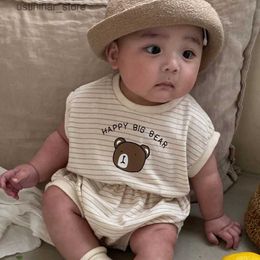 T-shirts 2023 Summer New Baby Cute Bear Print Bodysuit Infant Boy Short Sleeve Casual Jumpsuit Cotton Toddler Girls Cartoon Clothes 0-24M24328