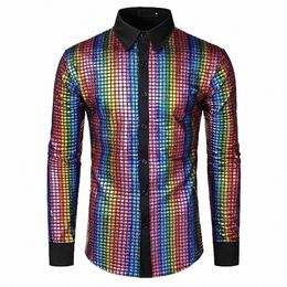 vintage Men Shirt Shiny Sequin Loose Single-breasted Autumn Winter Shirt Club Dance Disco Stage Performance Men Shirt T0AI#