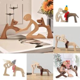 Miniatures Cute Family Puppy Wood Dog Craft Ornament Figurine Natural Gift for Home Decoration Accessories Handmade Sculptures Decor