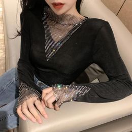 Women's T Shirts Sexy Women Thin T-shirts Shiny Rhinestones T-shirt Lady Femme Slim Body Pullovers Bling