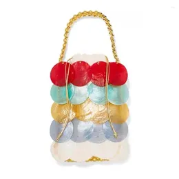 Drawstring Luxury Handbags Women Bags Designer Golden Beaded Chain Beach Bag Natural Shell Flakes For 2024