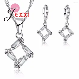 Necklace Earrings Set For Brides Women White Crystal Stone Square Pendant Wedding 925 Sterling Silver