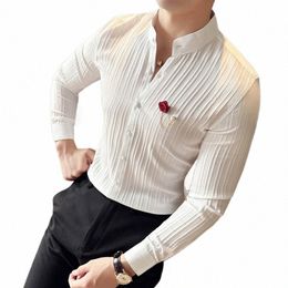 spring Fi Man Brand Quality Social Striped Shirts Luxury Mens White Slim Fit Lg Sleeve Dr Shirt Chemise Homme Techwear F8lg#
